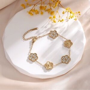 Gold-Toned Stainless Steel Gold & Stones Flower Motif Bracelet